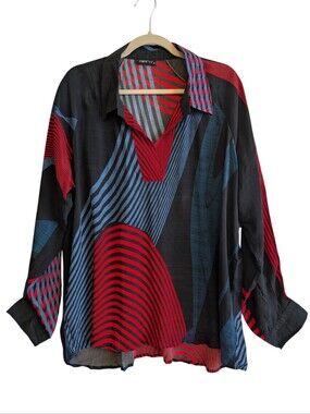 APNY Long Sleeve V Neck Collared Blouse Shirt Geometric Stripes XL Artsy
